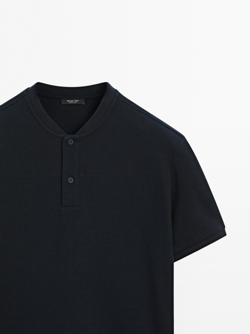 Ribbed polo shirt with stand collar