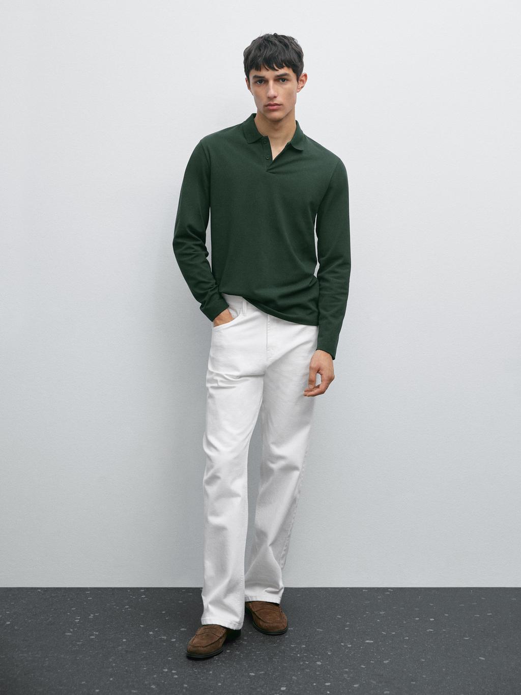 Long sleeve mercerised cotton pique polo shirt
