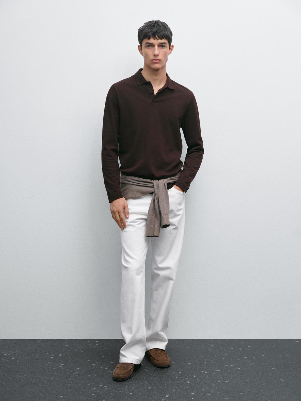 Long sleeve mercerised cotton pique polo shirt