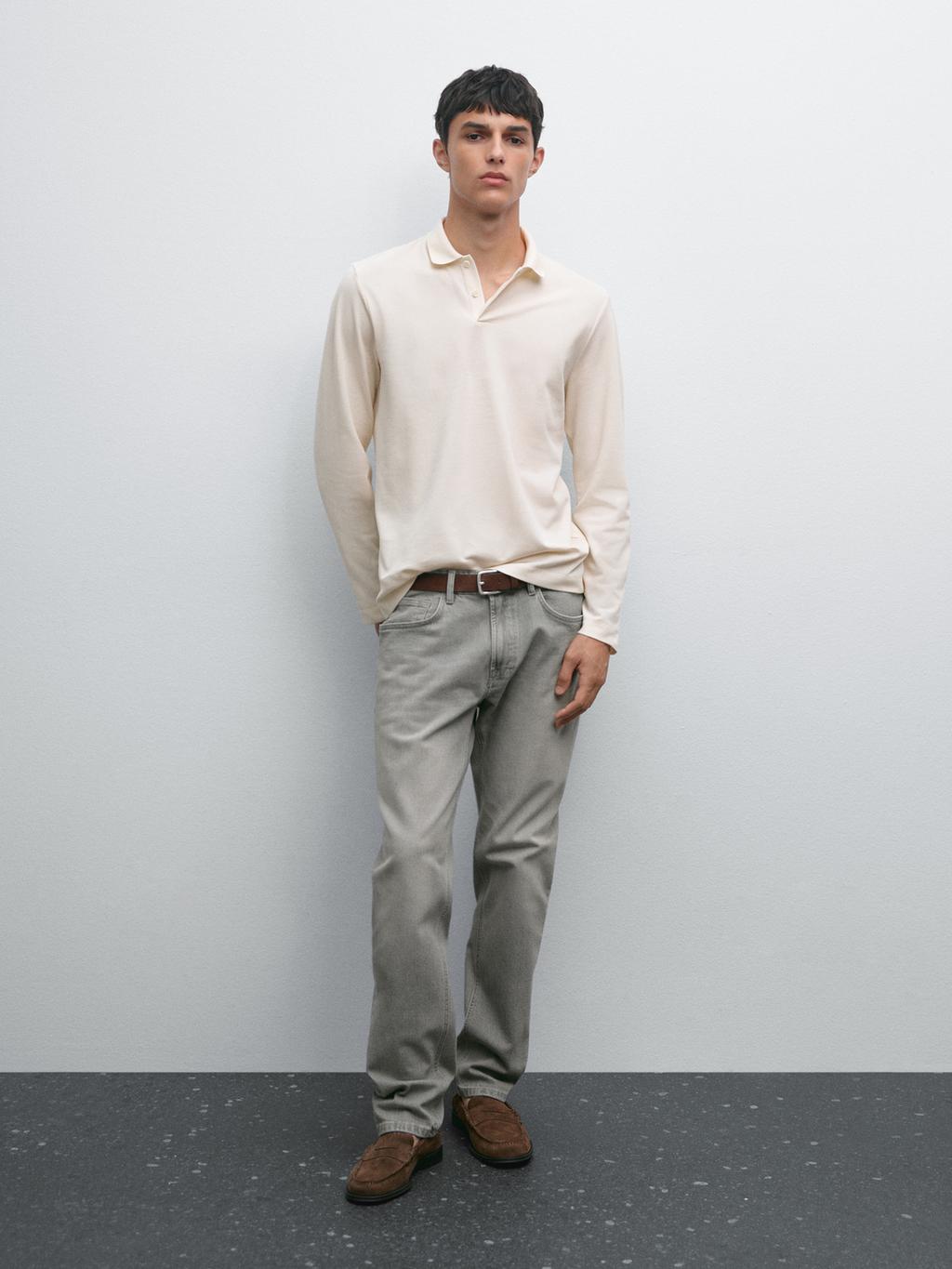 Long sleeve mercerised cotton pique polo shirt