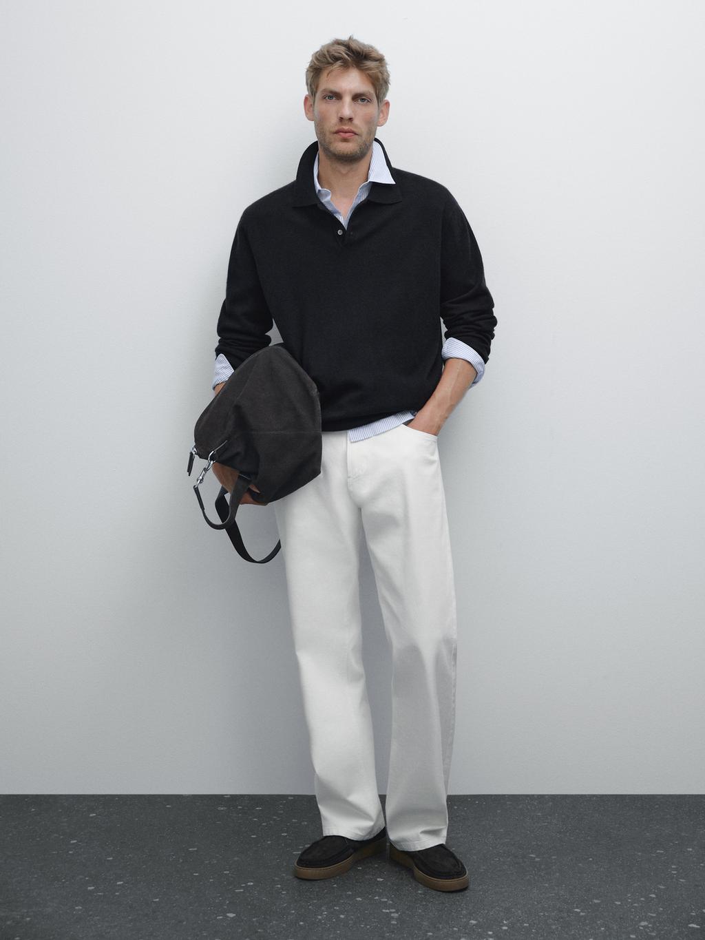 100% cashmere ribbed knit polo shirt