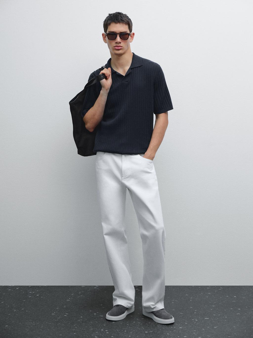 Ribbed knit short sleeve polo shirt