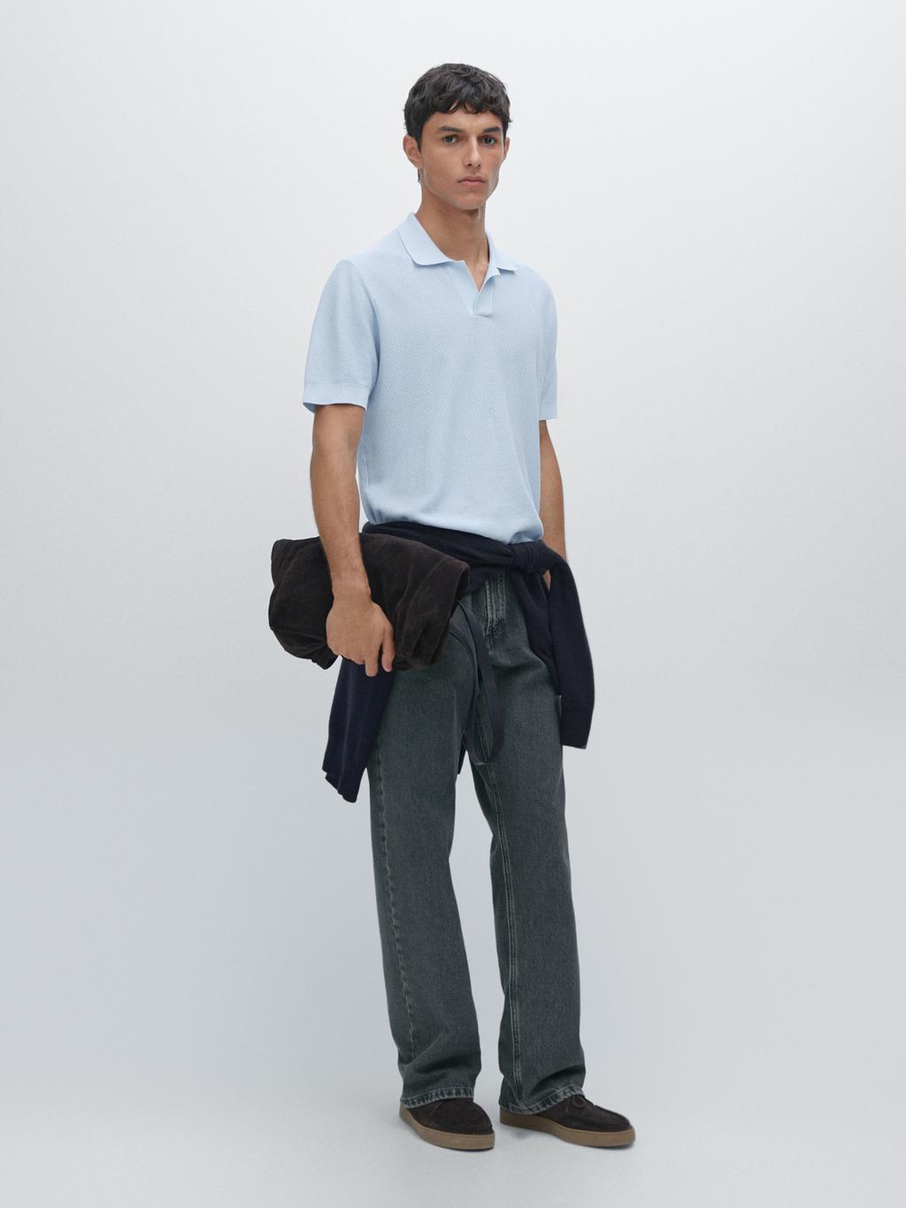 Textured knit short sleeve polo shirt