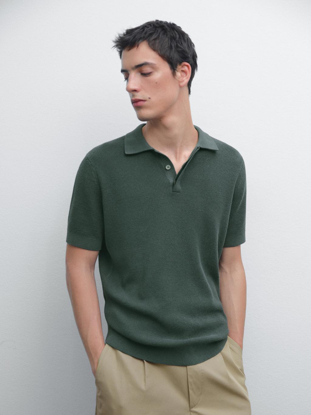 Textured cotton knit polo shirt