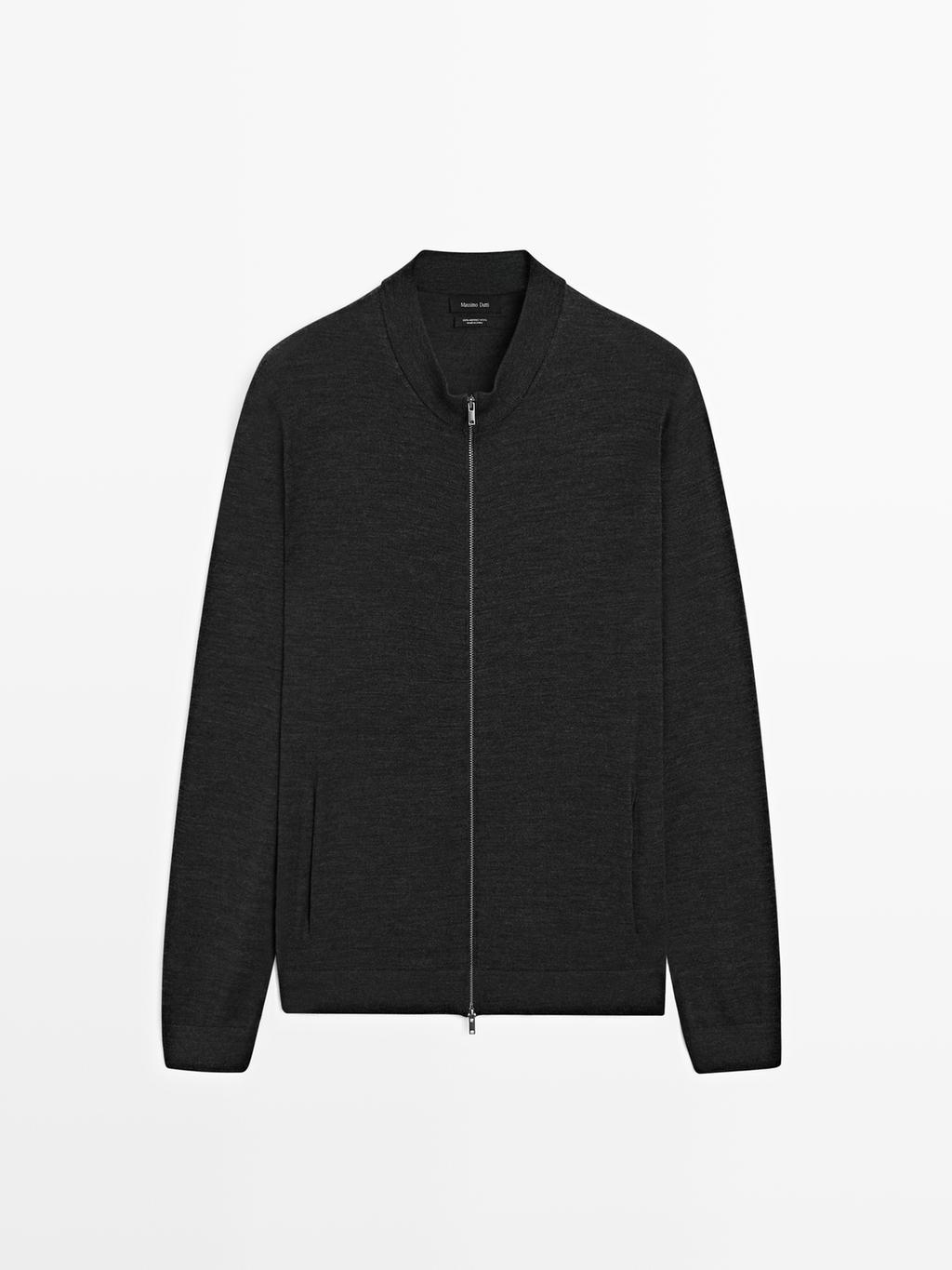 100% merino wool zip-up knit cardigan