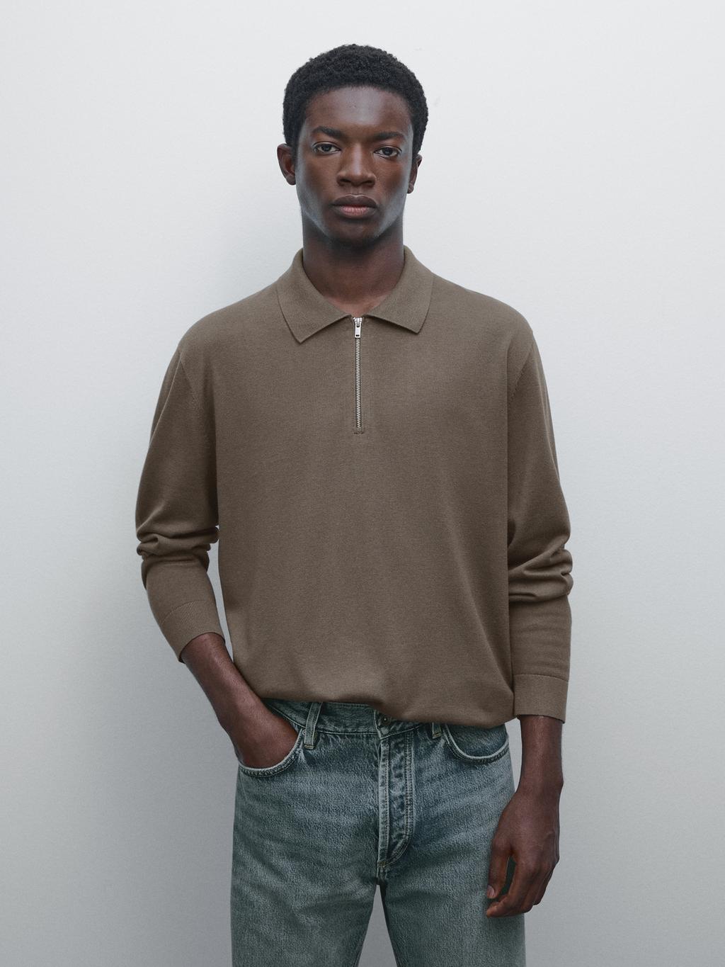 Knit polo sweater with zip