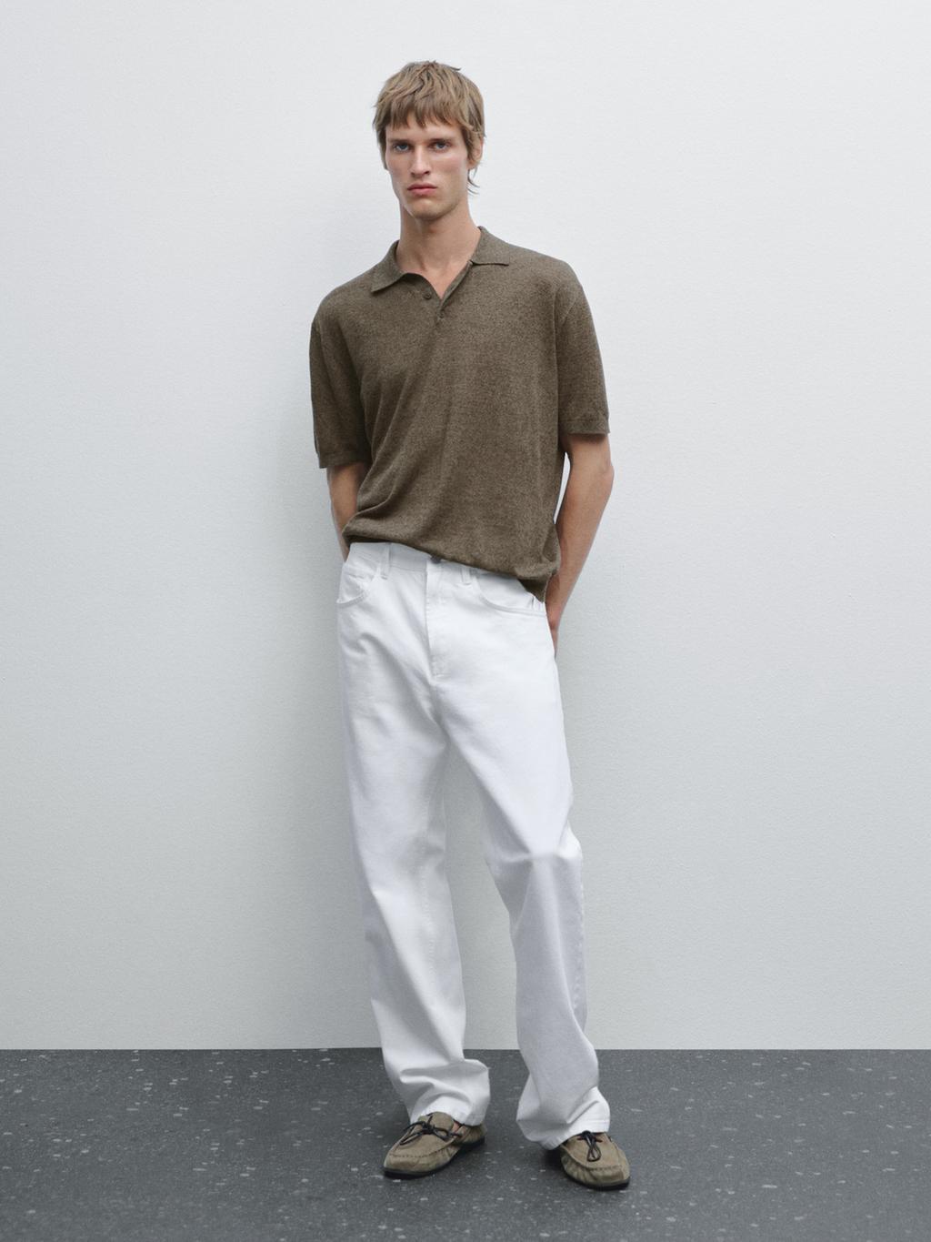 Linen blend knit polo shirt