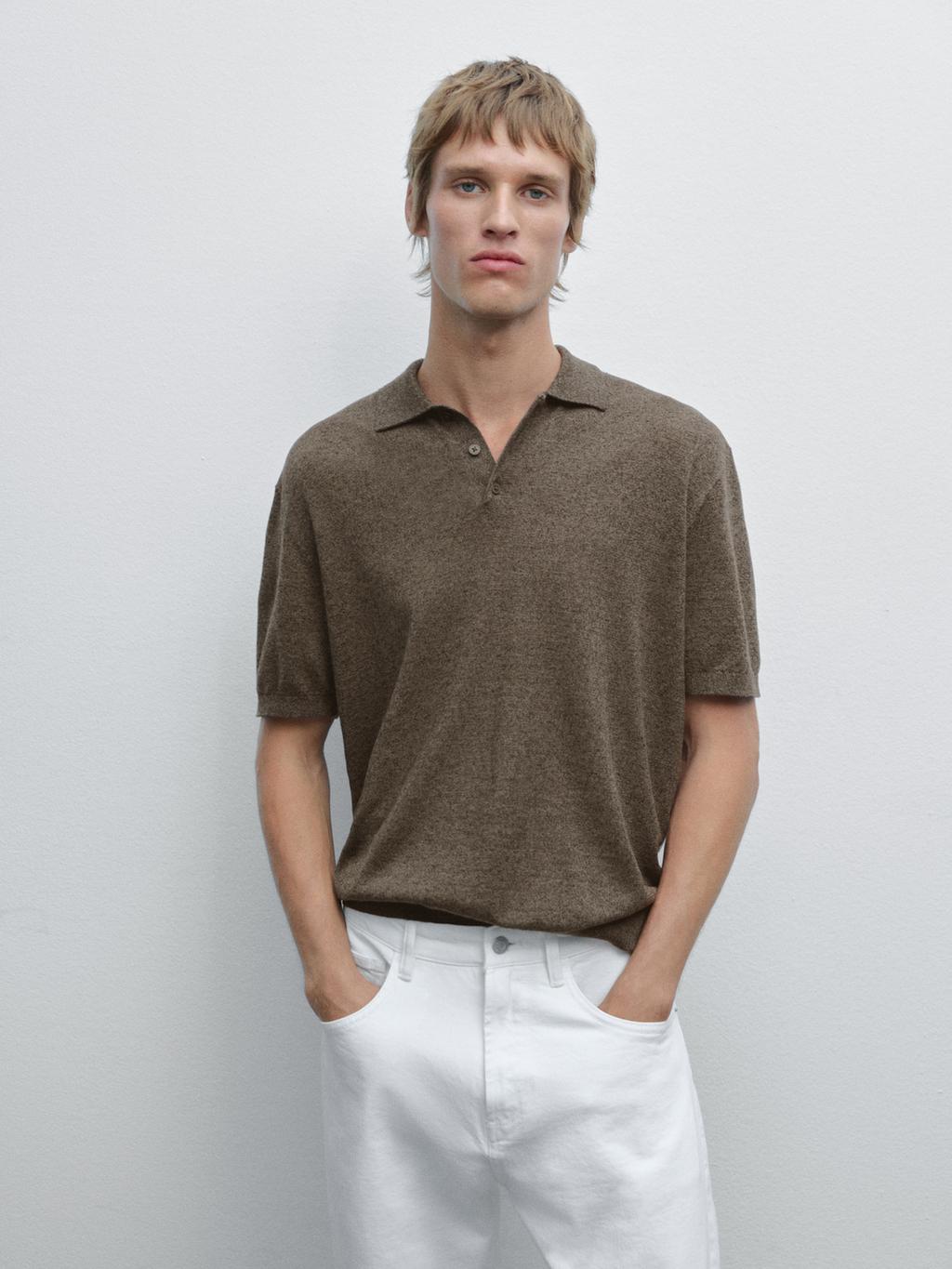 Linen blend knit polo shirt