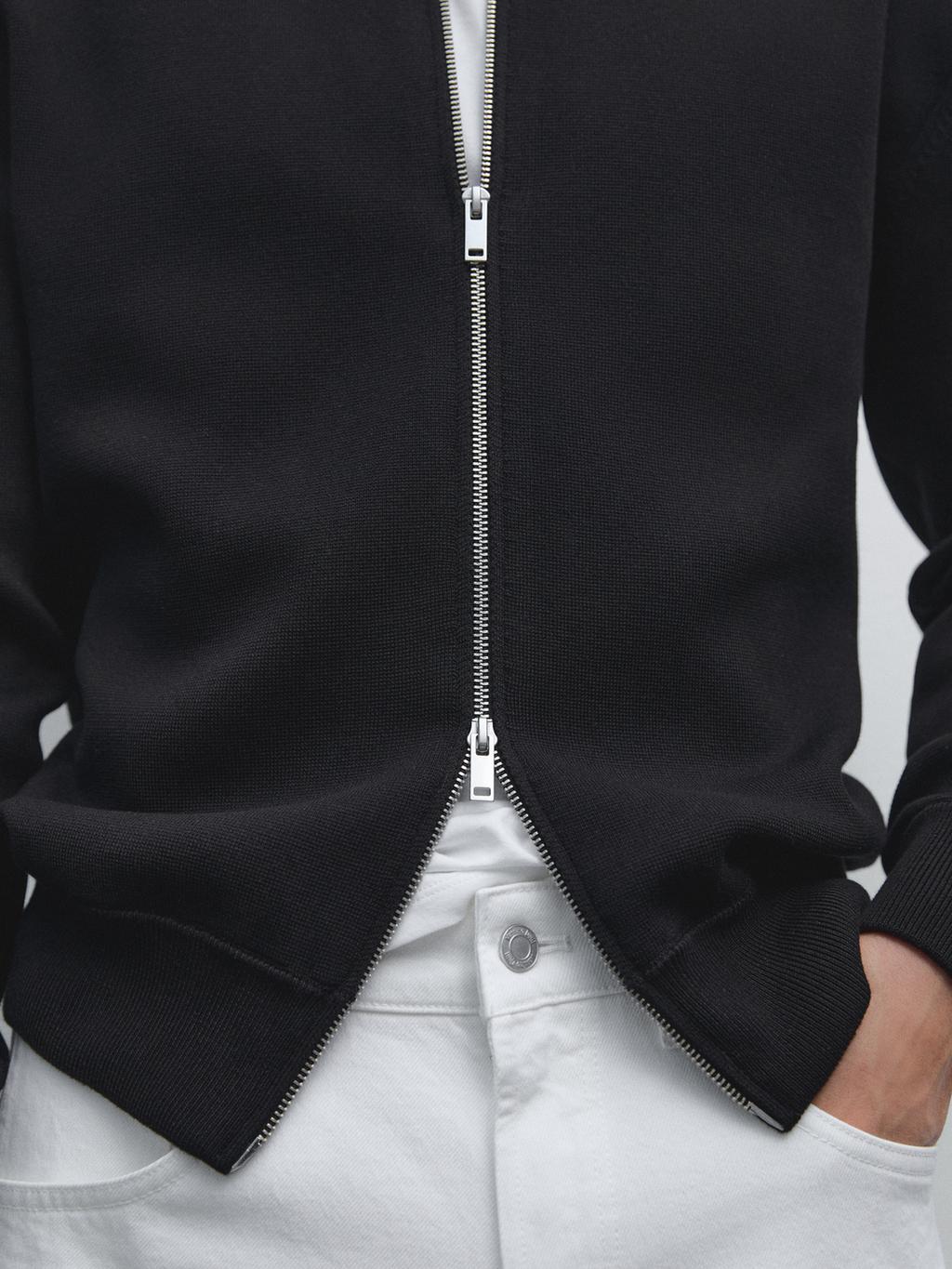 Cotton blend zip-up knit cardigan