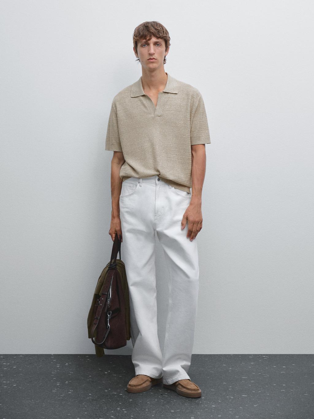 Linen and cotton knit polo shirt