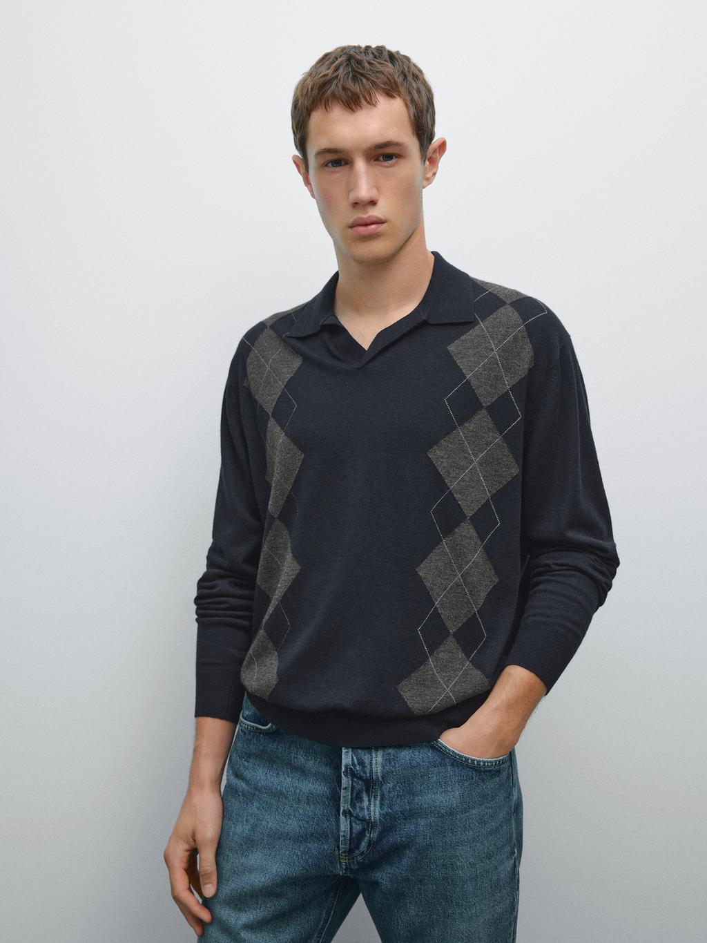 Knit wool blend argyle polo sweater