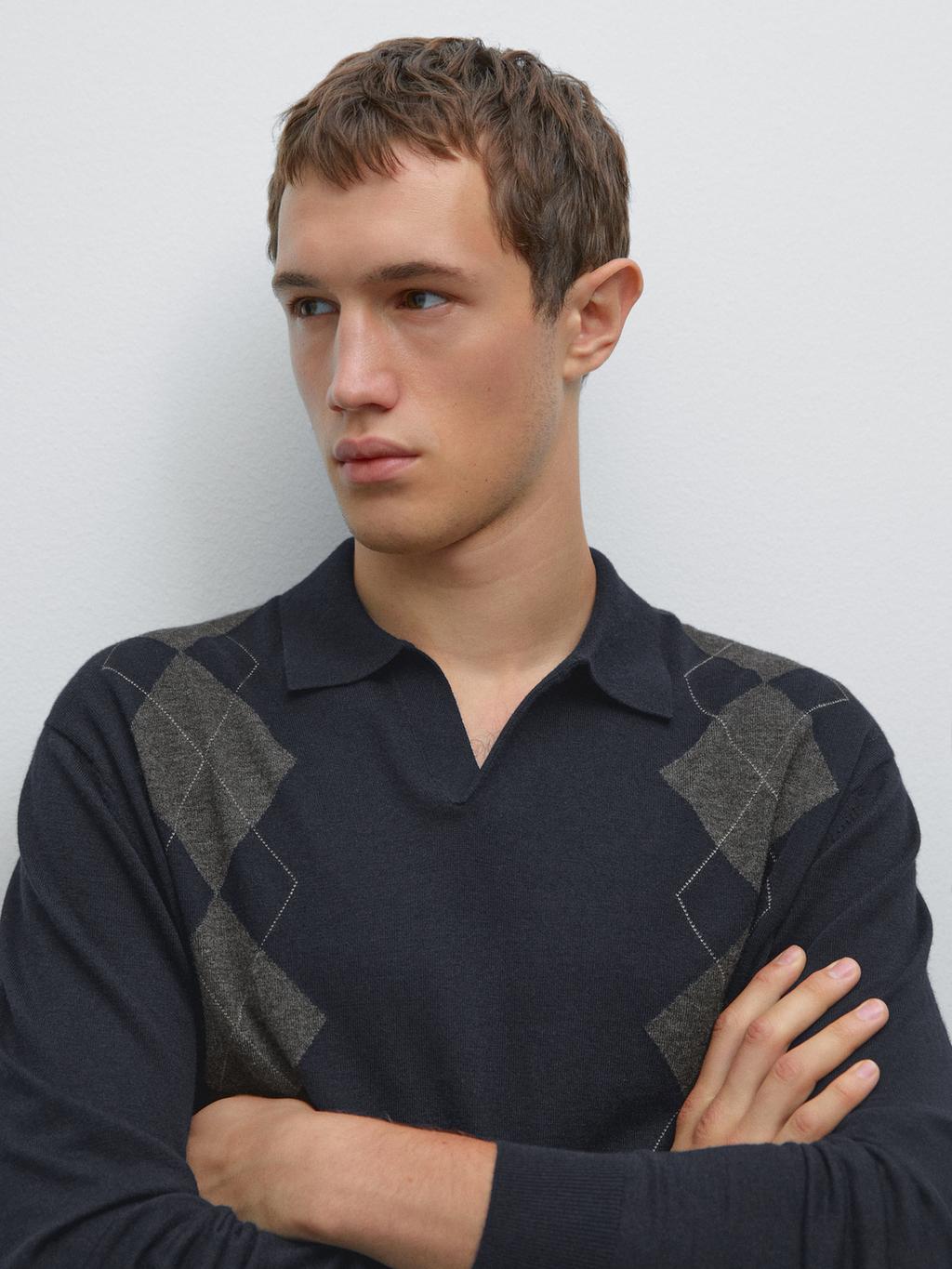 Knit wool blend argyle polo sweater
