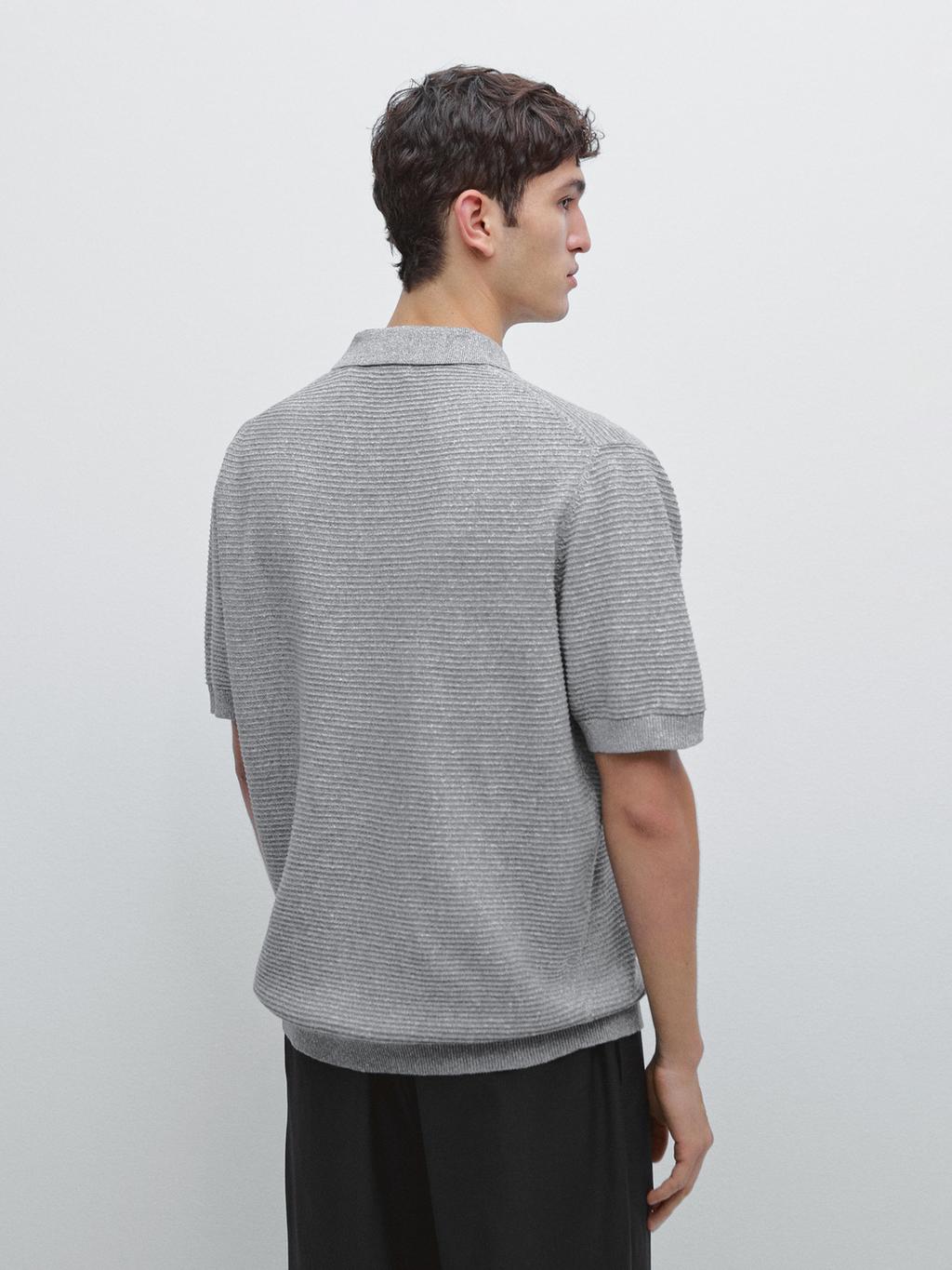 Linen and cotton blend knit polo shirt with short sleeves