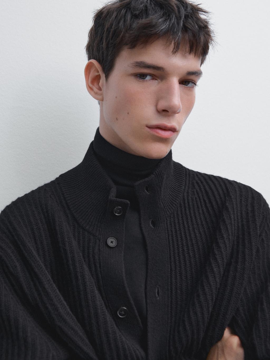 Knit wool blend cardigan with high neck