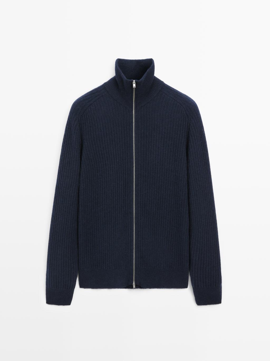 Wool blend zip-up knit cardigan