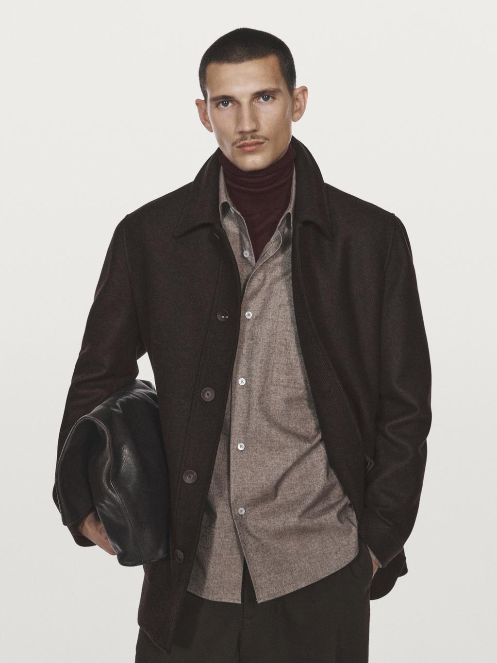 Mid-length herringbone wool blend coat