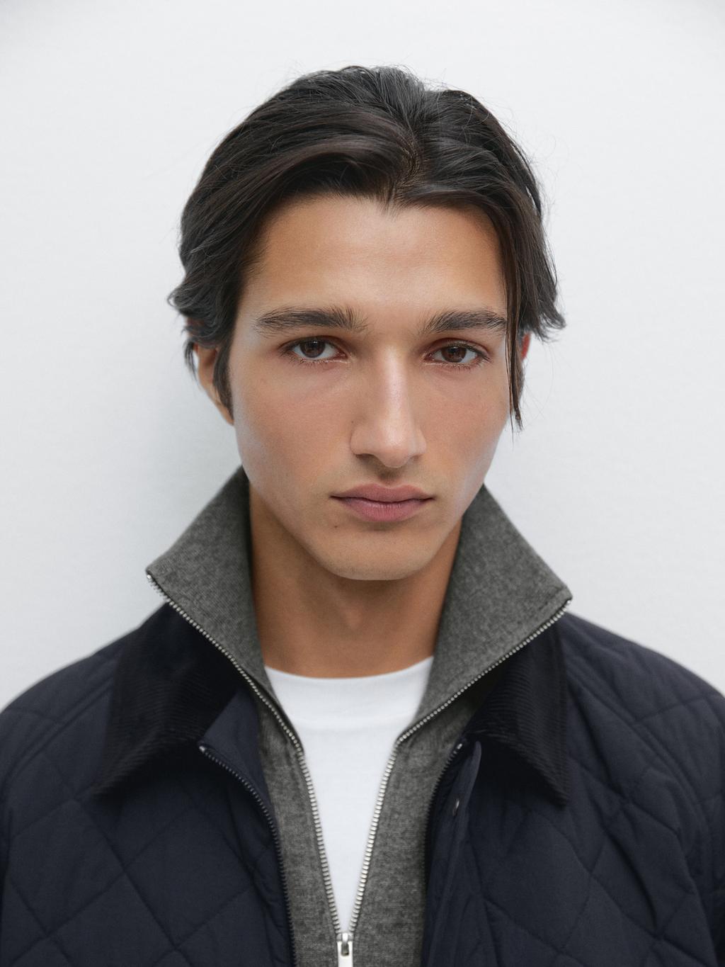 Quilted jacket with corduroy collar