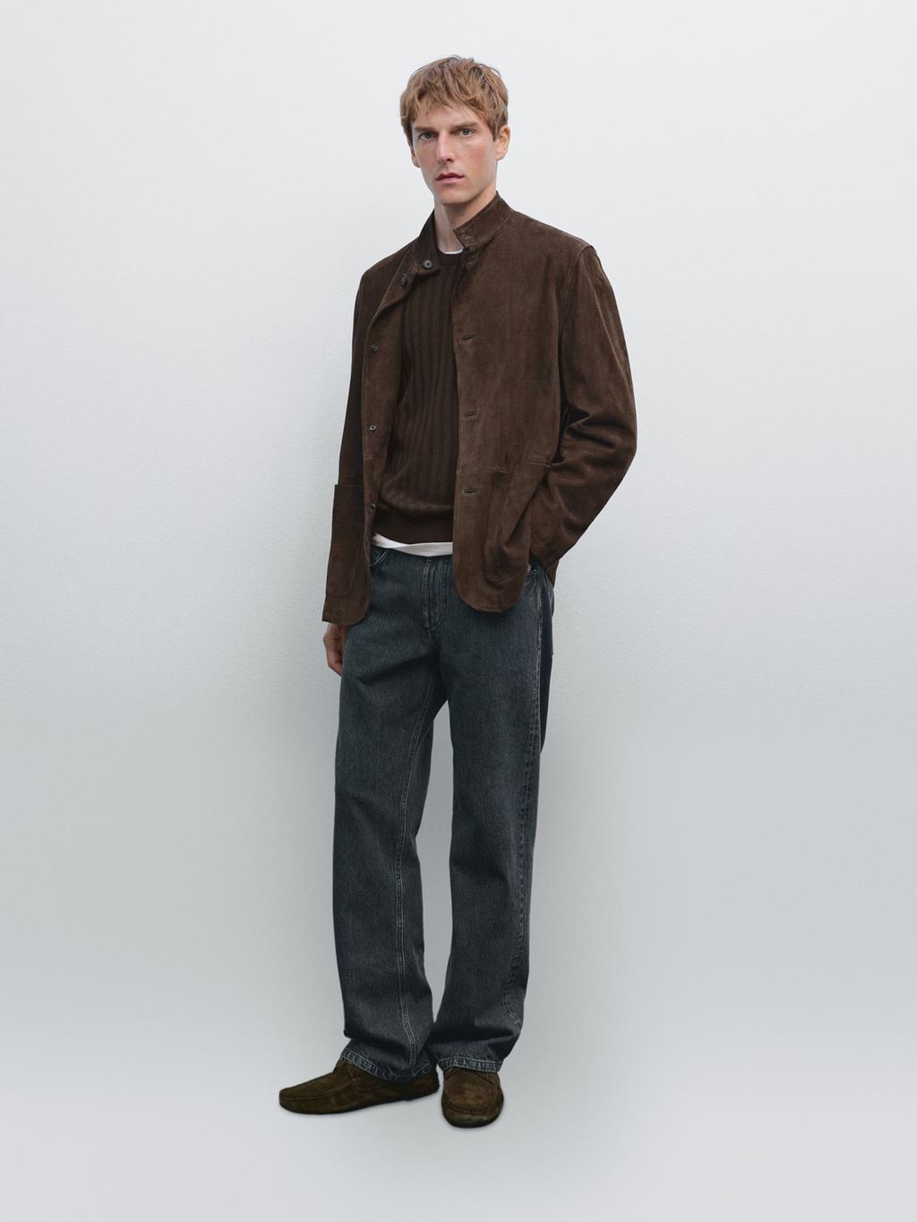 Suede leather stand collar jacket