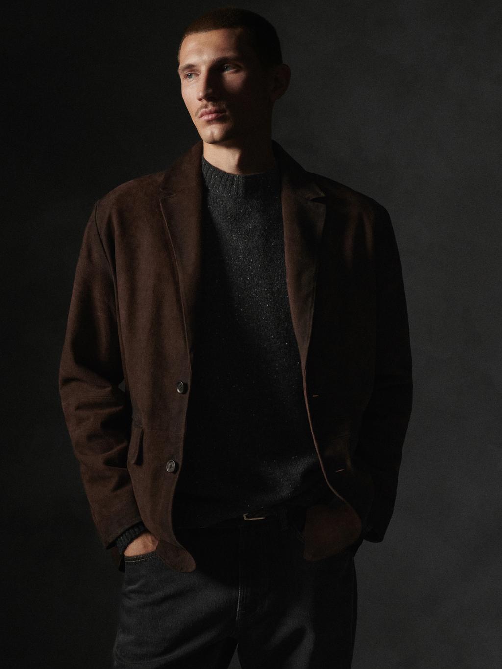 Suede leather blazer with seam details