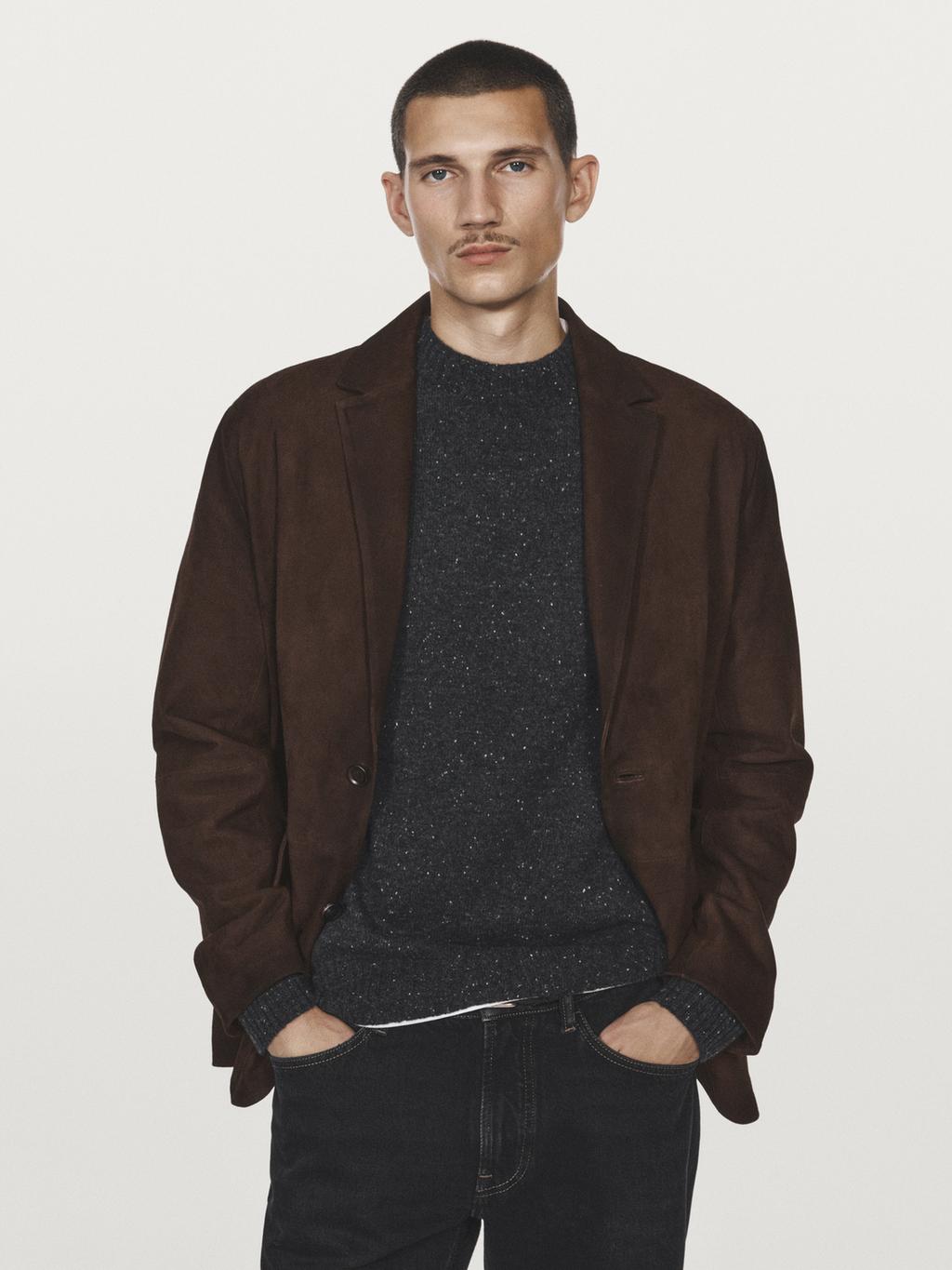 Suede leather blazer with seam details