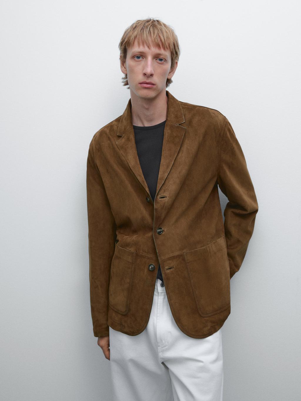 Suede leather blazer with topstitching