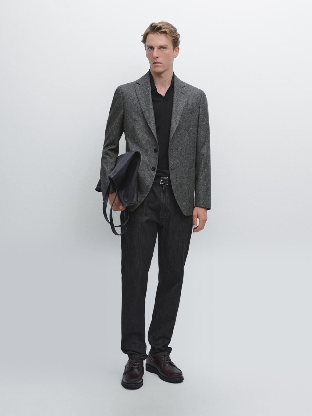 Textured check wool blend blazer