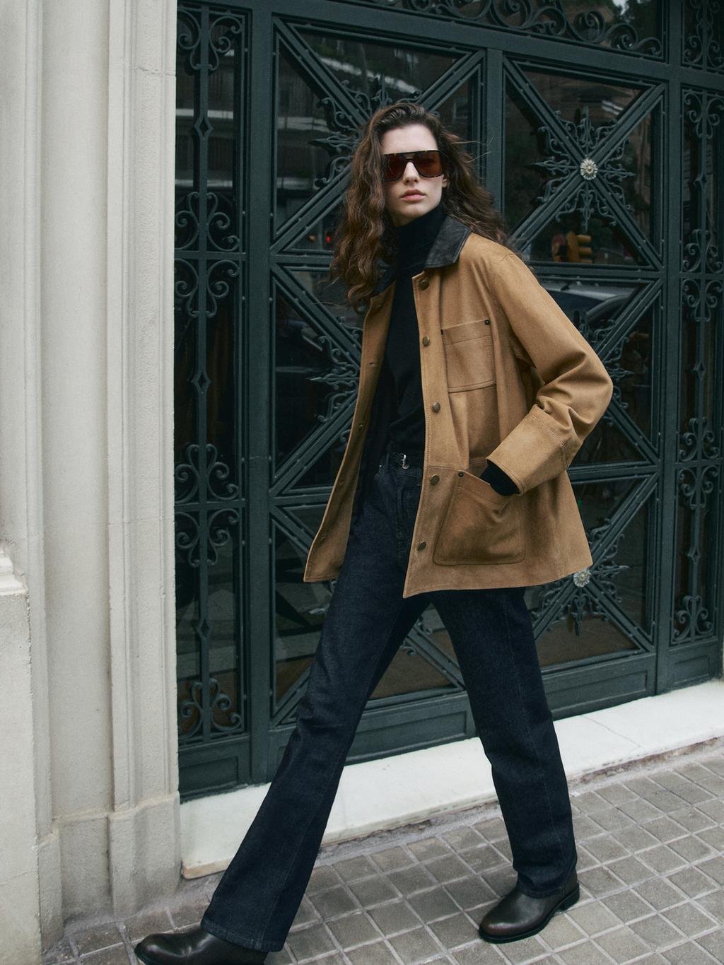 Suede leather jacket with collar detail