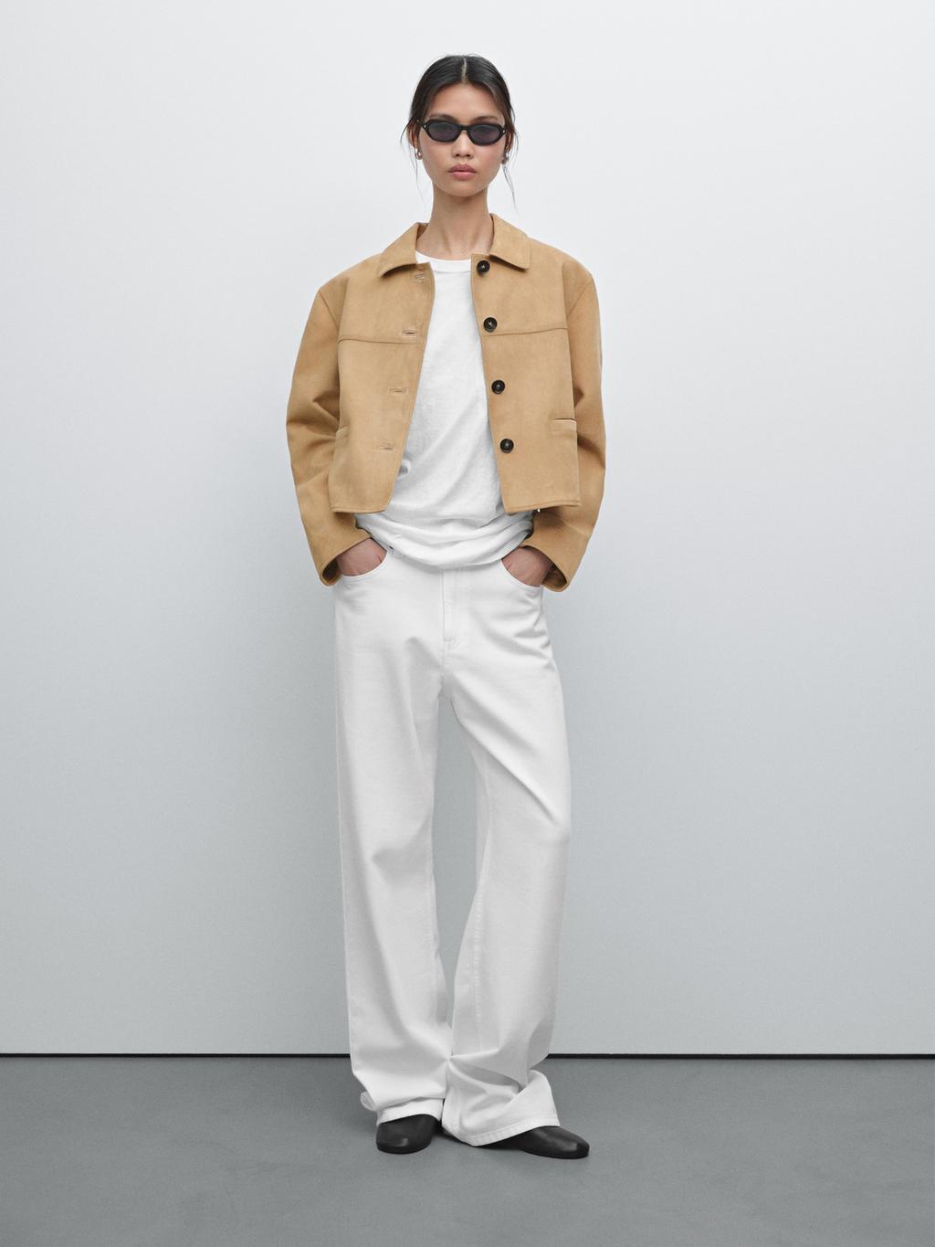 Short suede leather jacket with topstitching