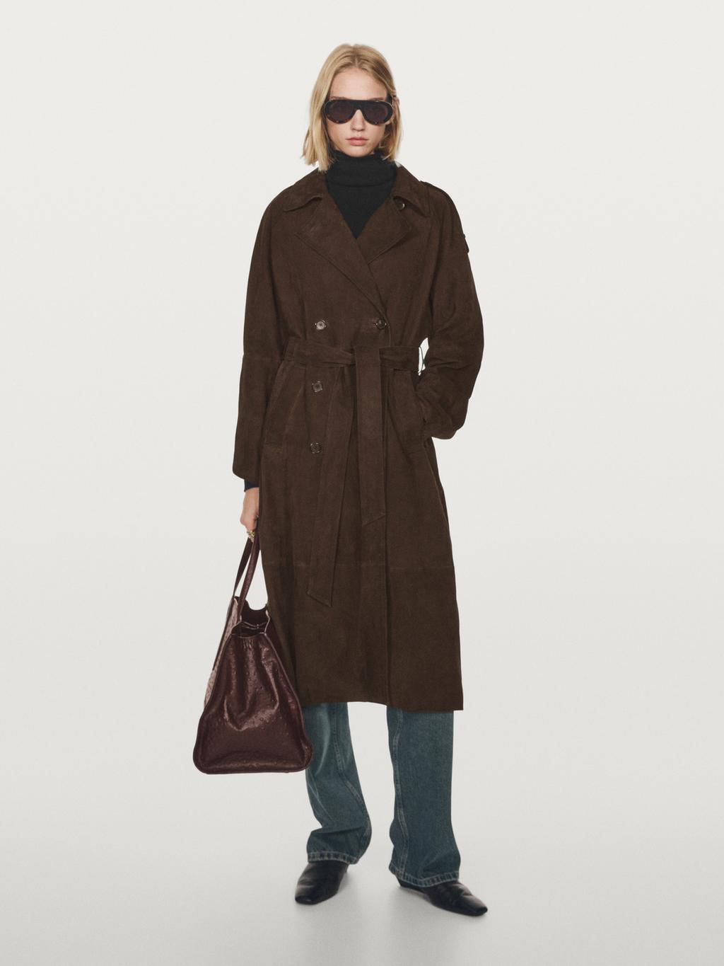 Long suede leather trench coat