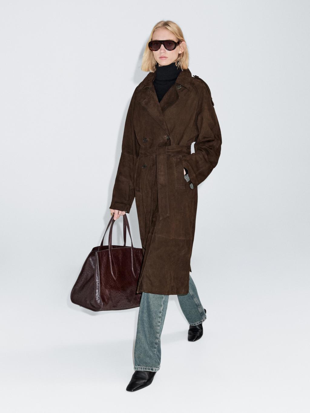 Long suede leather trench coat