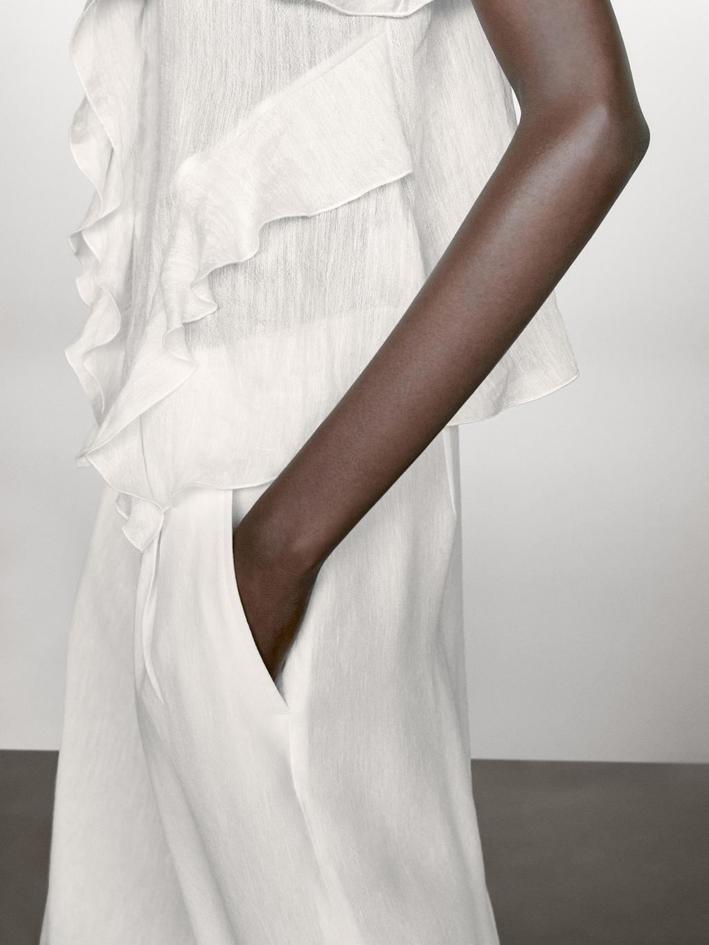 Linen blend darted palazzo trousers