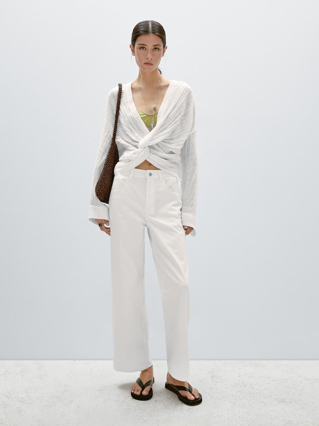 Cotton blend straight-leg cropped trousers