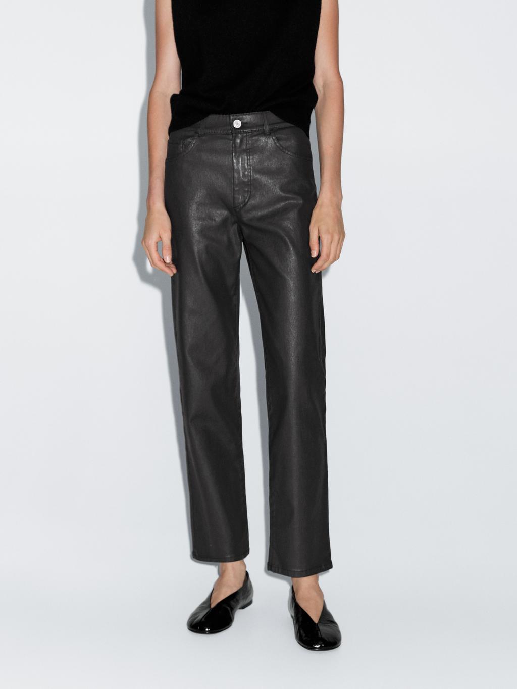 High-waist straight-leg waxed trousers