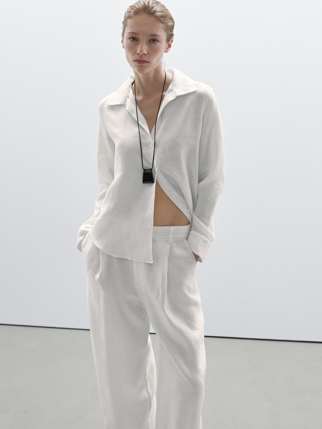 100% linen wide-leg mid-rise trousers