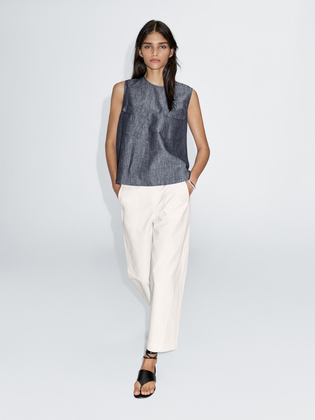 Cotton and linen denim blouse with pockets