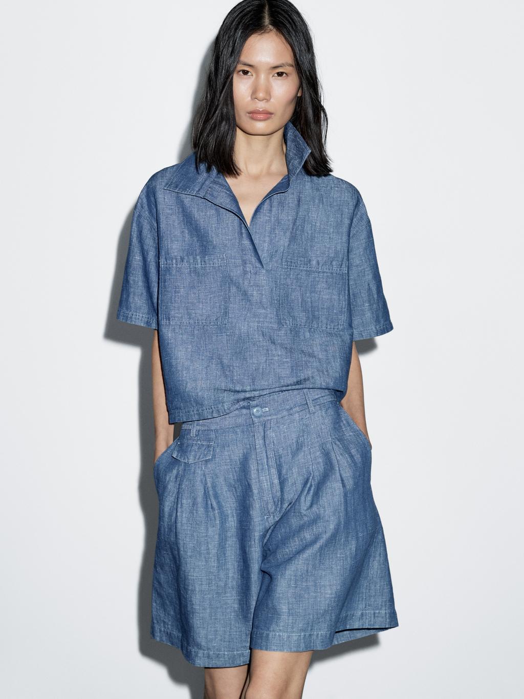 Short sleeve cotton and linen polo shirt