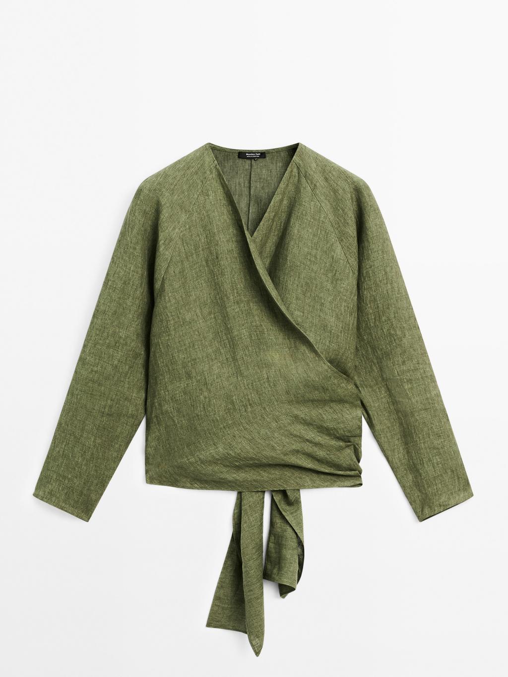 Flowing linen blouse with tie detail at the waist