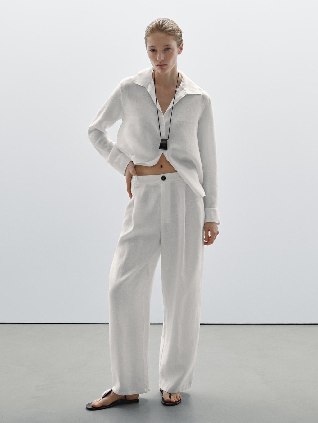 100% linen open collar shirt