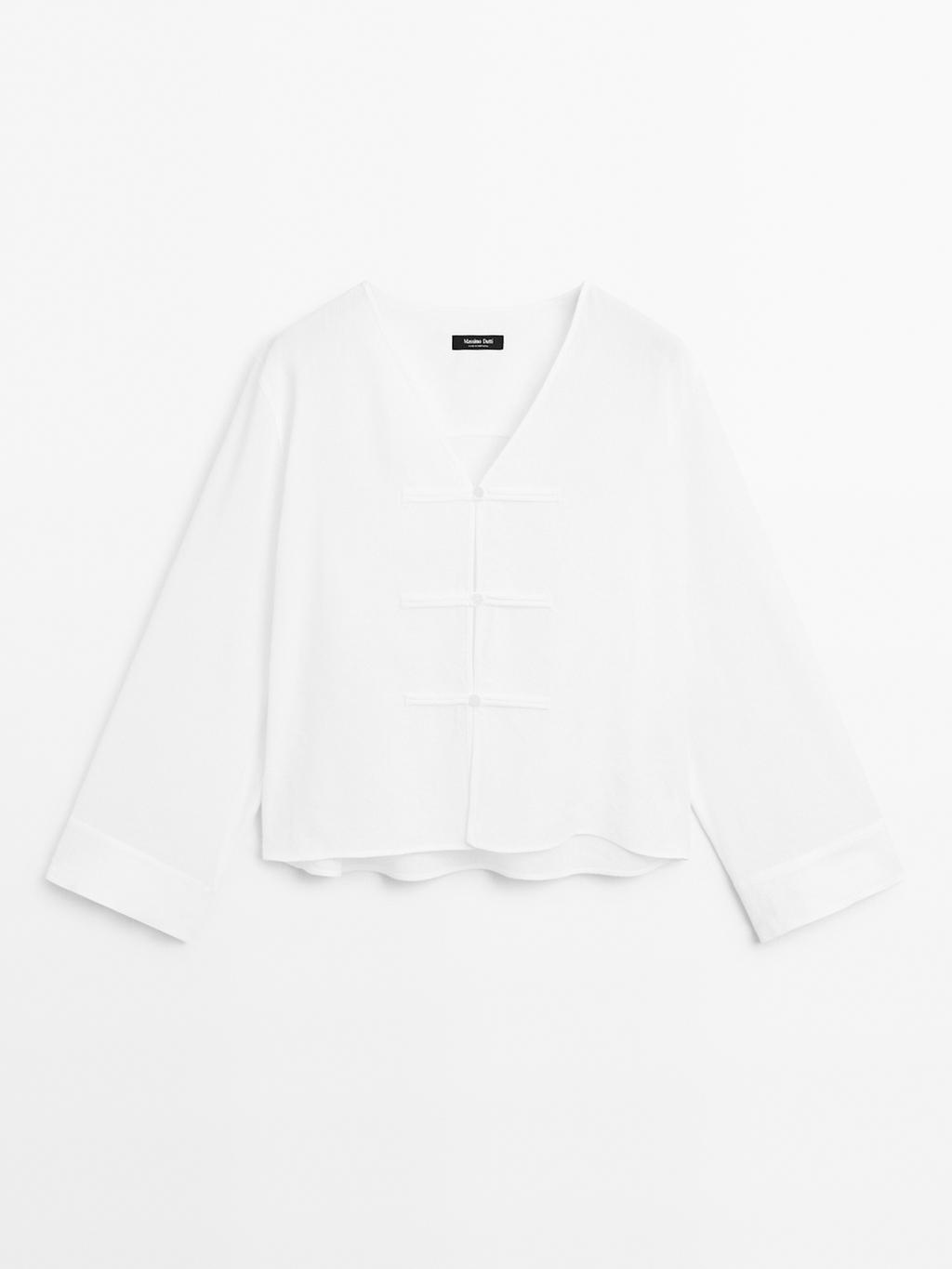 Flowing linen blend blouse with V-neckline