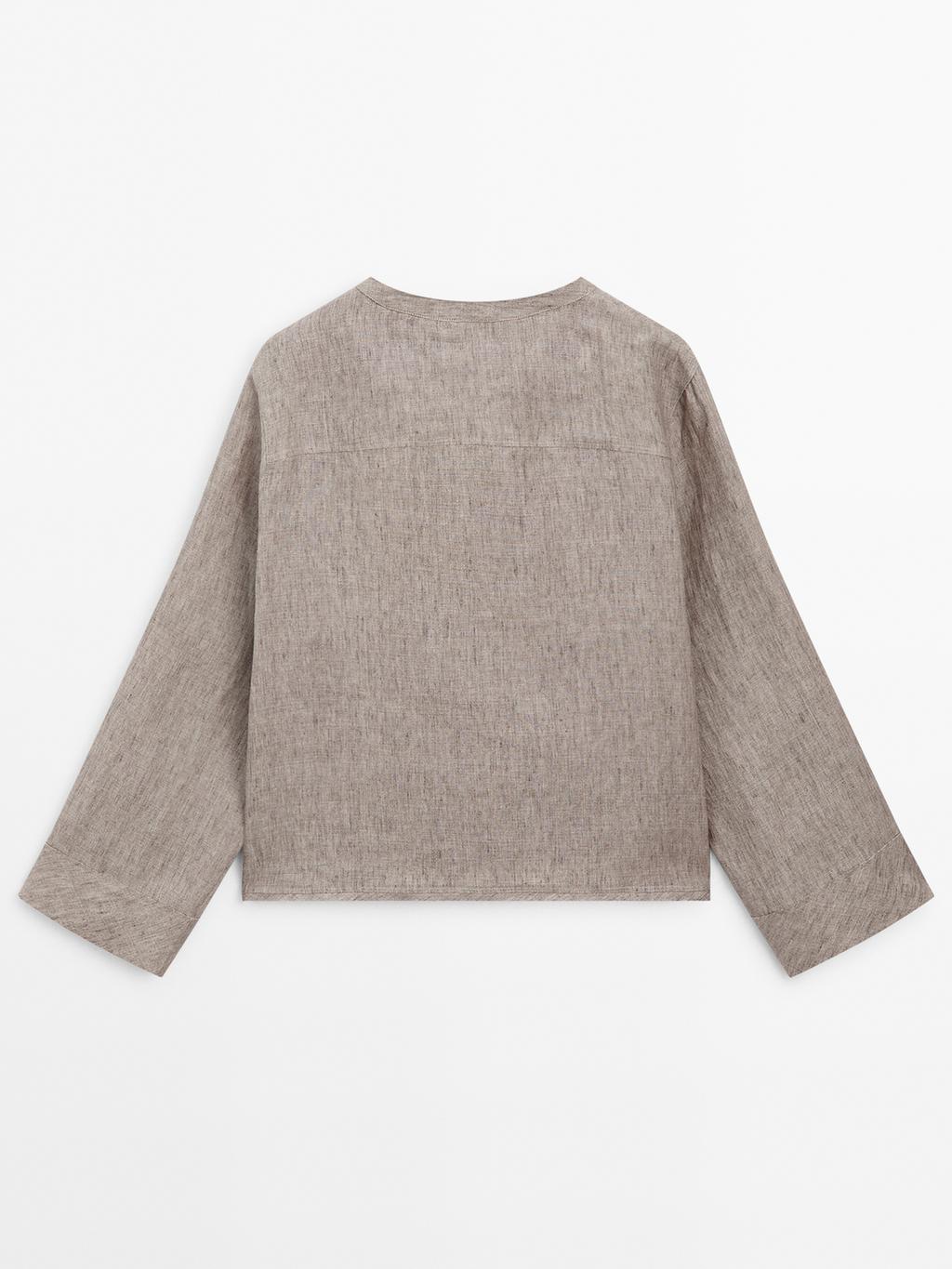 100% linen melange stand collar blouse