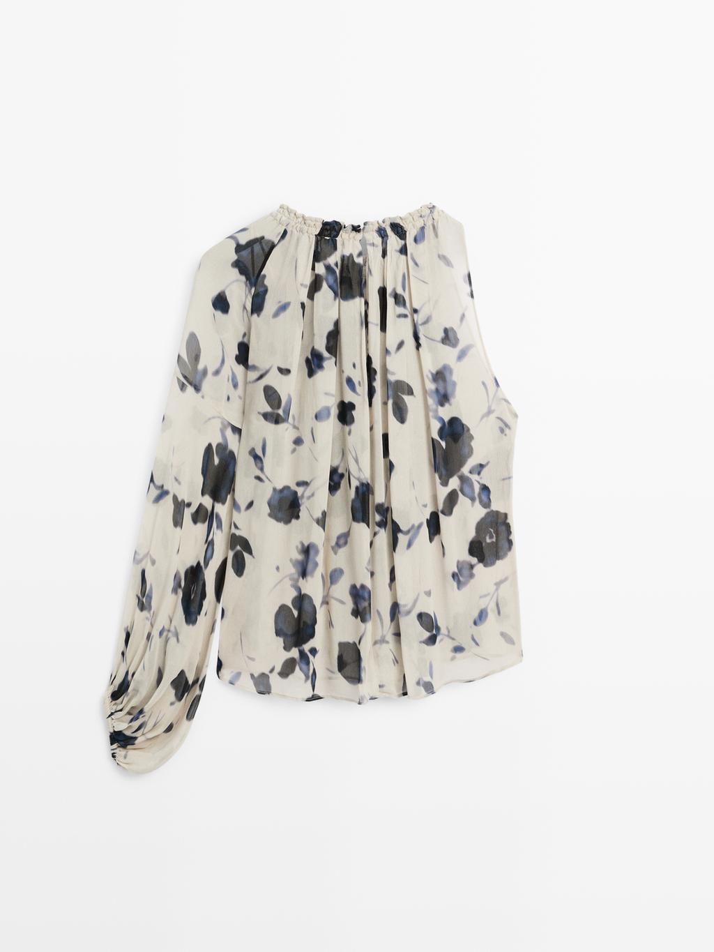 Asymmetric flowing floral print blouse