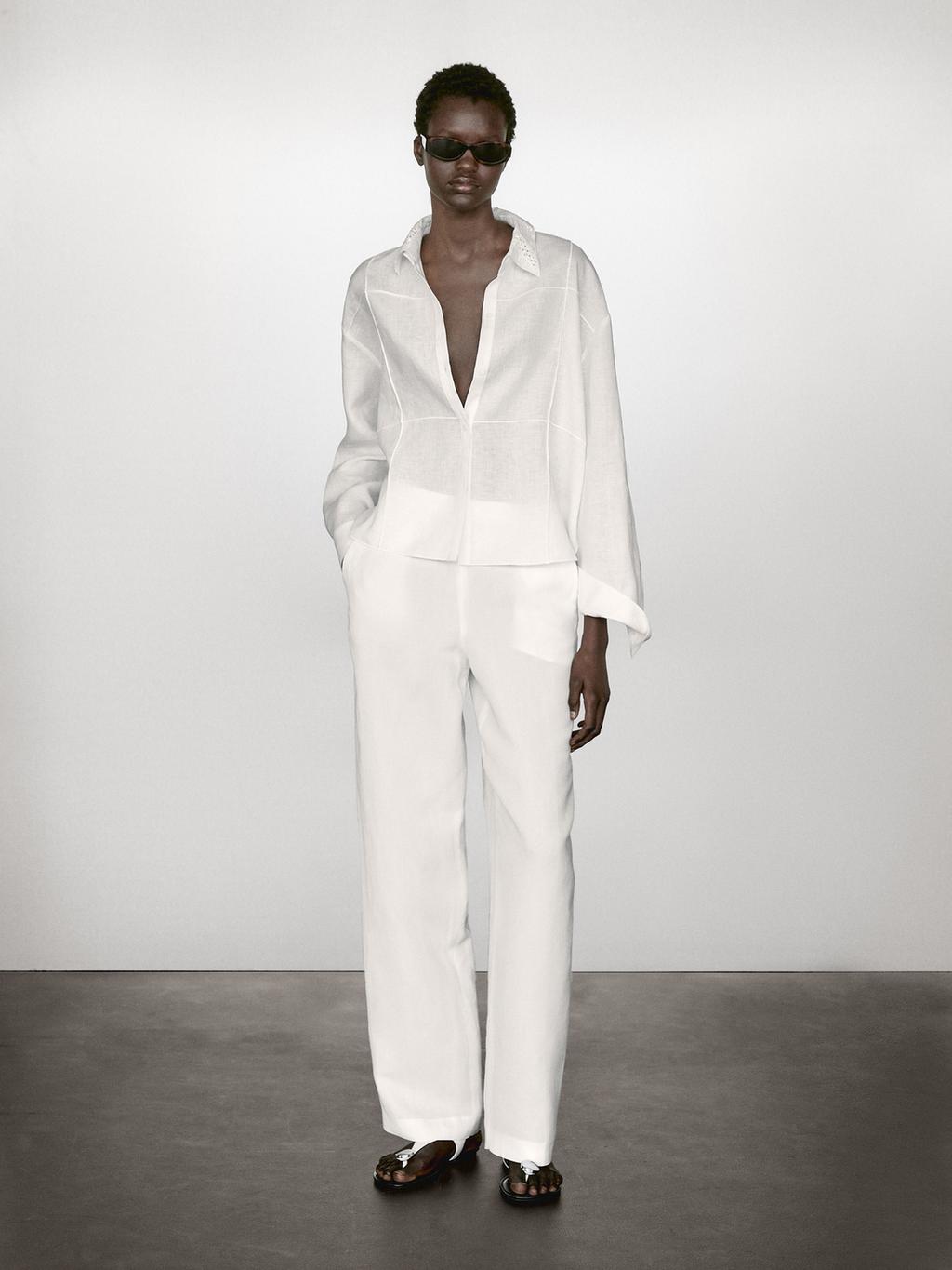 100% linen shirt with embroidered detail