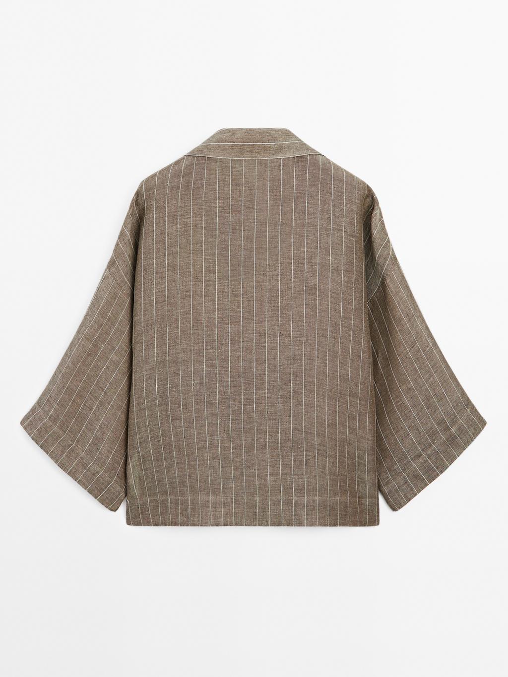 Striped linen open neck blouse