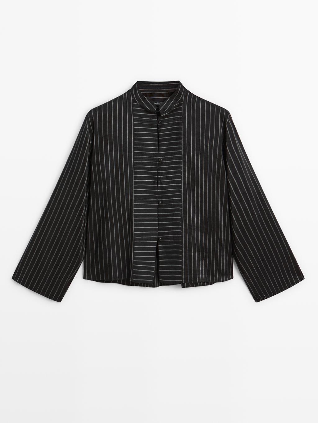 Striped shirt with stand collar and bib detail