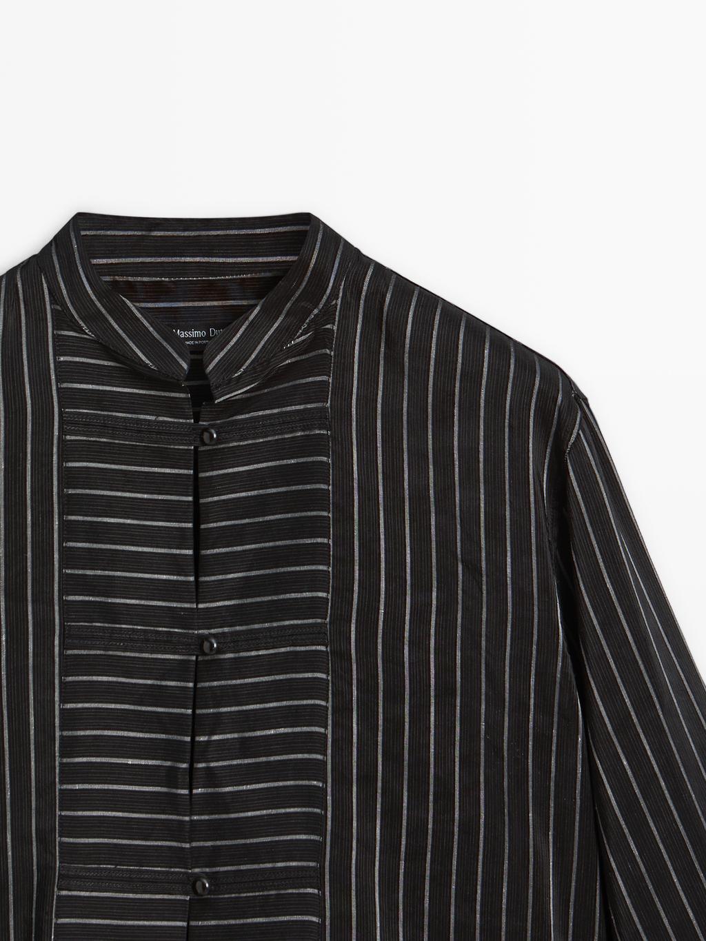 Striped shirt with stand collar and bib detail