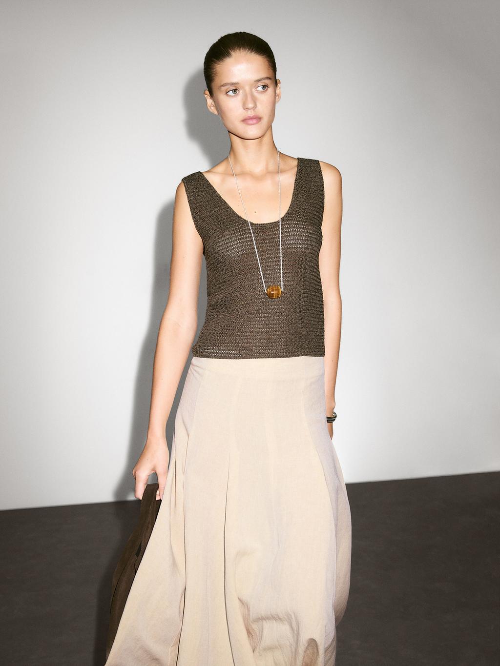 Flounce linen blend midi skirt