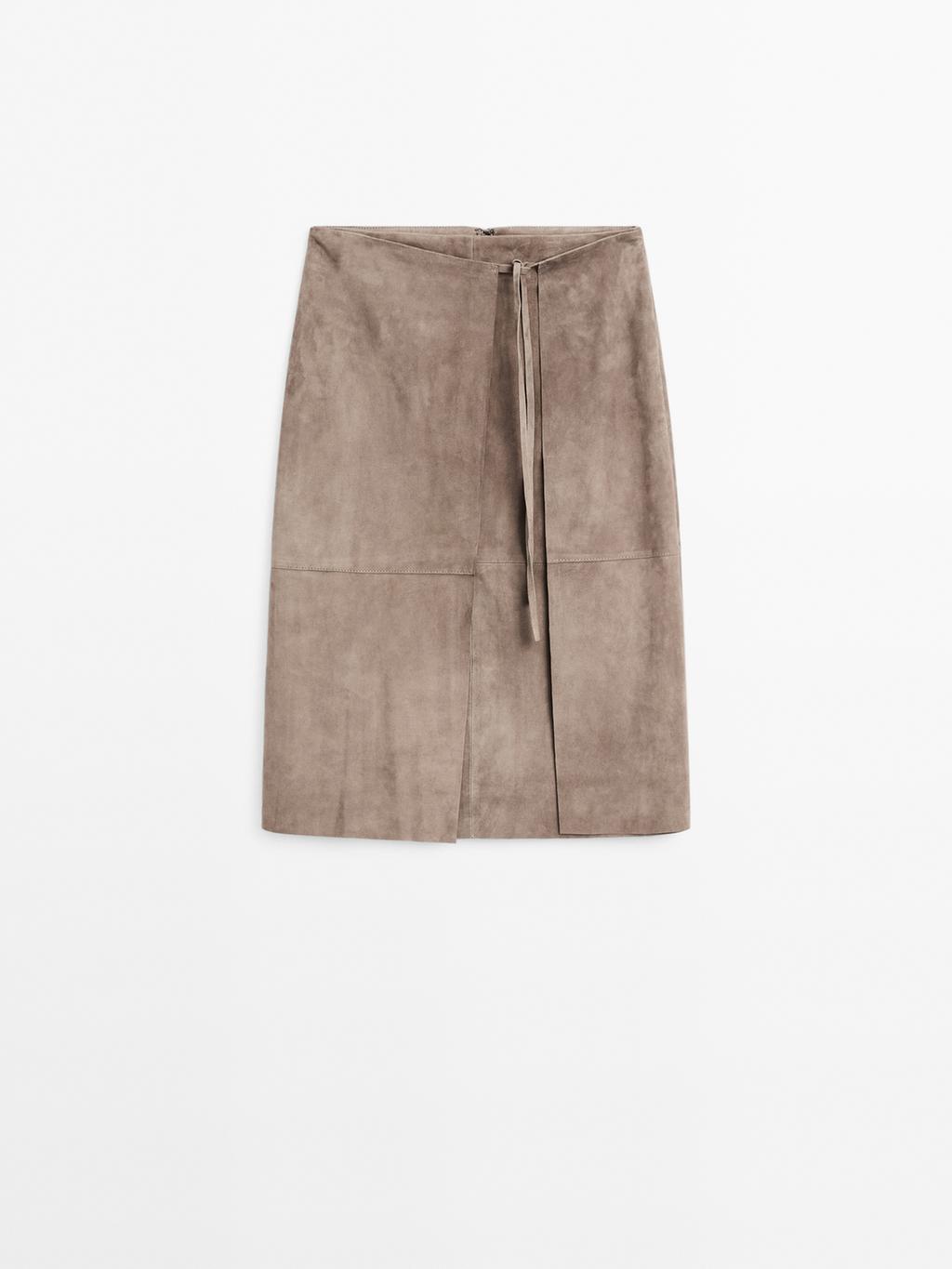 Suede leather wrap midi skirt