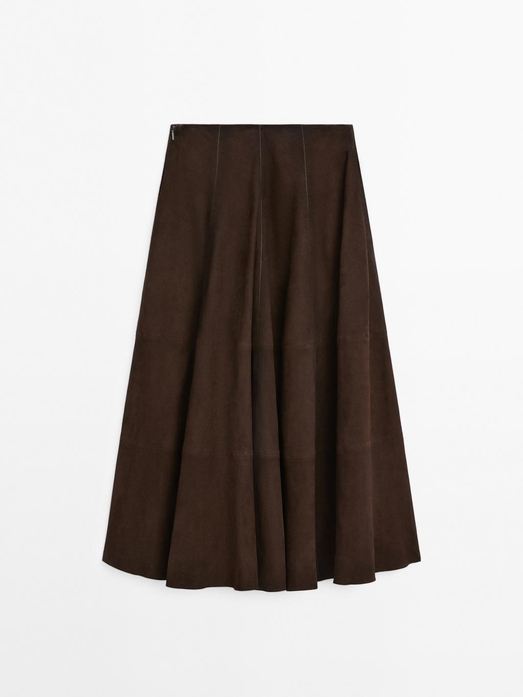 Suede leather flared midi skirt