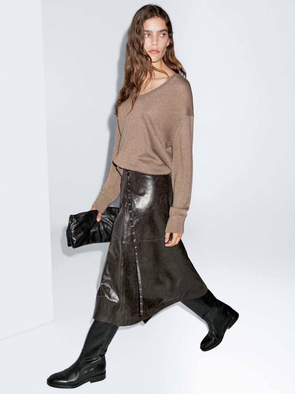 Nappa leather wraparound midi skirt