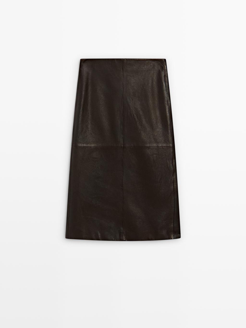 Straight nappa leather midi skirt with slit